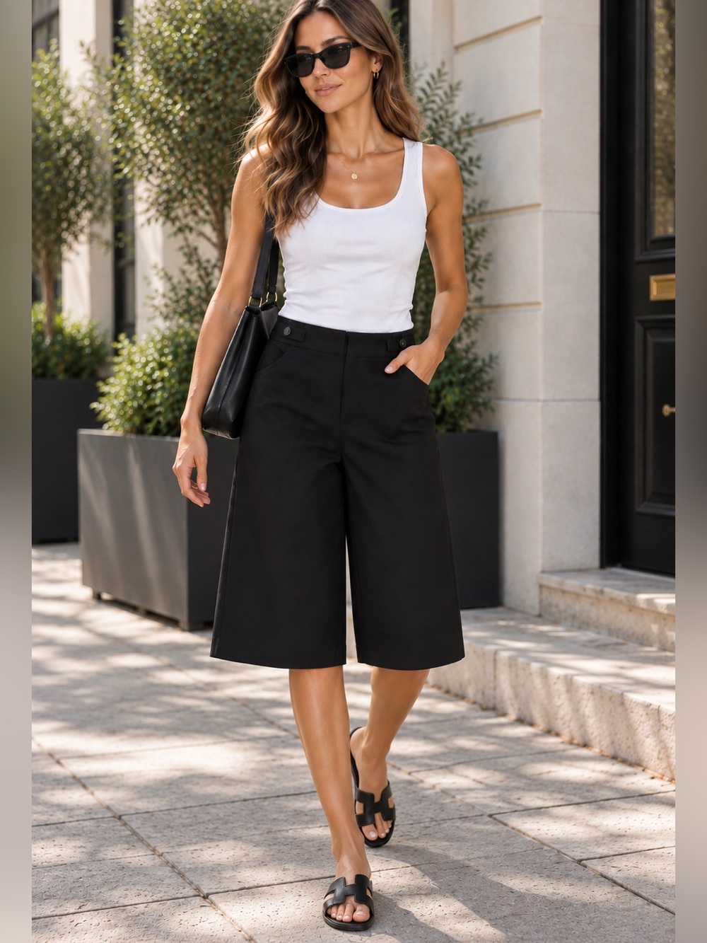 Rafaella Black Wide-Leg Bermuda Shorts